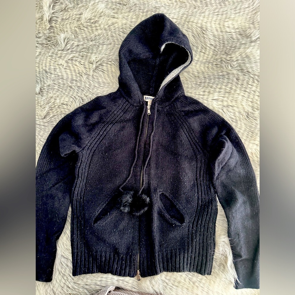 EUC 🌟Express Wool Blend Zip-up Hoodie w/ Real Rabbit Fur Hood Pompoms Sz. M